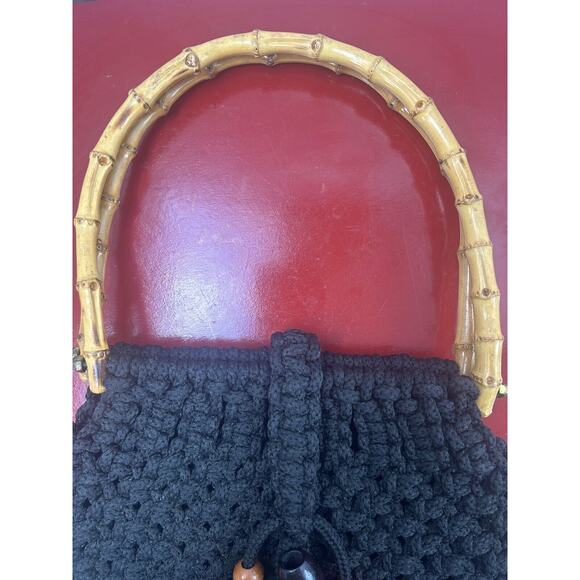 Macrame Handbag Black Bamboo‎ Round Wood Handles Boho Hippie Cottagecore Purse - Picture 3 of 7